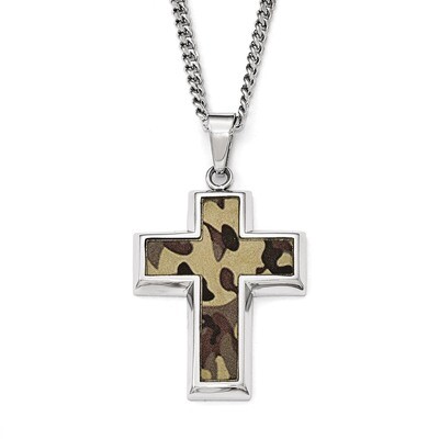 Polished Printed BrownCamo Under RubberCross Necklace - Stainless Steel SRN1807-22 by Chisel, MPN: …