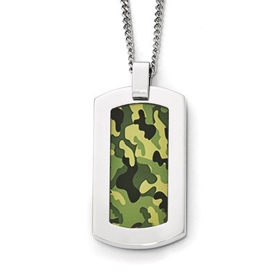 Polished Printed Green Camo Under Rubber Necklace - Stainless Steel SRN1808-22 by Chisel, MPN: SRN1…