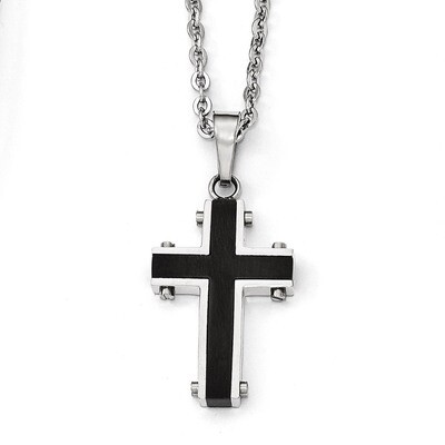 Polished Black IP-plated Cross Necklace - Stainless Steel SRN1826-22 by Chisel, MPN: SRN1826-22, 88…