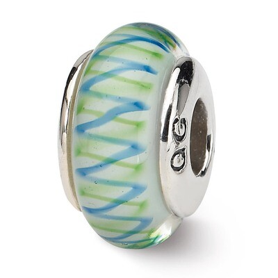 Green Blue Hand-blown Glass Bead - Sterling Silver QRS1113, MPN: QRS1113, 191101641527