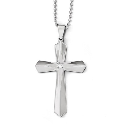 Polished and Brushed Synthetic Diamond Cross Necklace - Stainless Steel SRN1836-24 by Chisel, MPN: …
