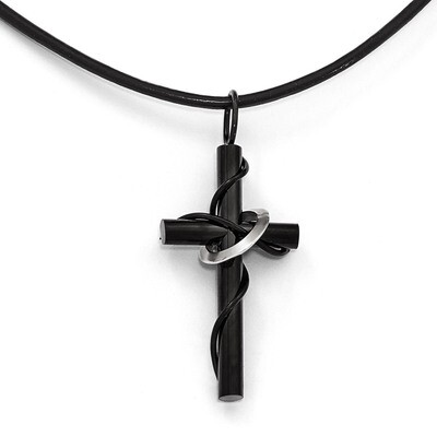 Polished Black IP-plating Cross Leather Cord Necklace - Stainless Steel SRN1838-20 by Chisel, MPN: …