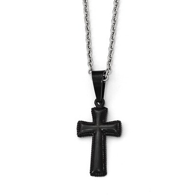 Polished Black IP Small Pillow Cross Necklace - Stainless Steel SRN1934-16 by Chisel, MPN: SRN1934-…