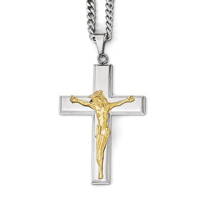Polished Cross with Gold IP Jesus Necklace - Stainless Steel SRN1946-24 by Chisel, MPN: SRN1946-24,…