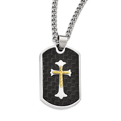 Carbon Fiber Gold IP-plated Diamond-cut Cross Necklace - Stainless Steel SRN1947-24 by Chisel, MPN:…