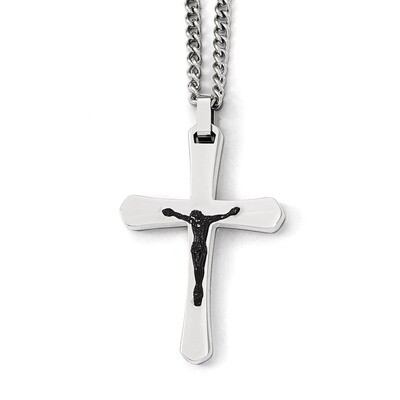 Polished Cross with Black IP Jesus Necklace - Stainless Steel SRN1948-24 by Chisel, MPN: SRN1948-24…