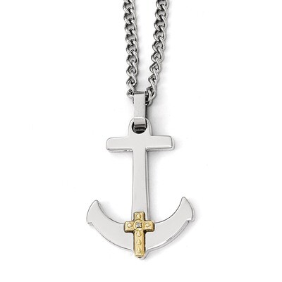 Polished with 14k Gold Diamond Cross Anchor Necklace - Stainless Steel SRN1949-24 by Chisel, MPN: S…