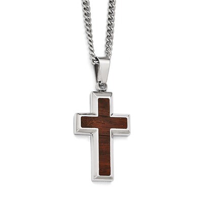 Polished Wood Inlay Cross Necklace - Stainless Steel SRN1955-24 by Chisel, MPN: SRN1955-24, 1911014…