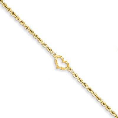 Open Heart Rope Anklet 10 Inch 14k Gold ANK154-10, MPN: ANK154-10, 883957718859