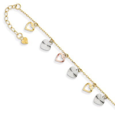 Adjustable Heart Anklet 9 Inch 14k Tri-Color Gold ANK172-9, MPN: ANK172-9, 886774311821