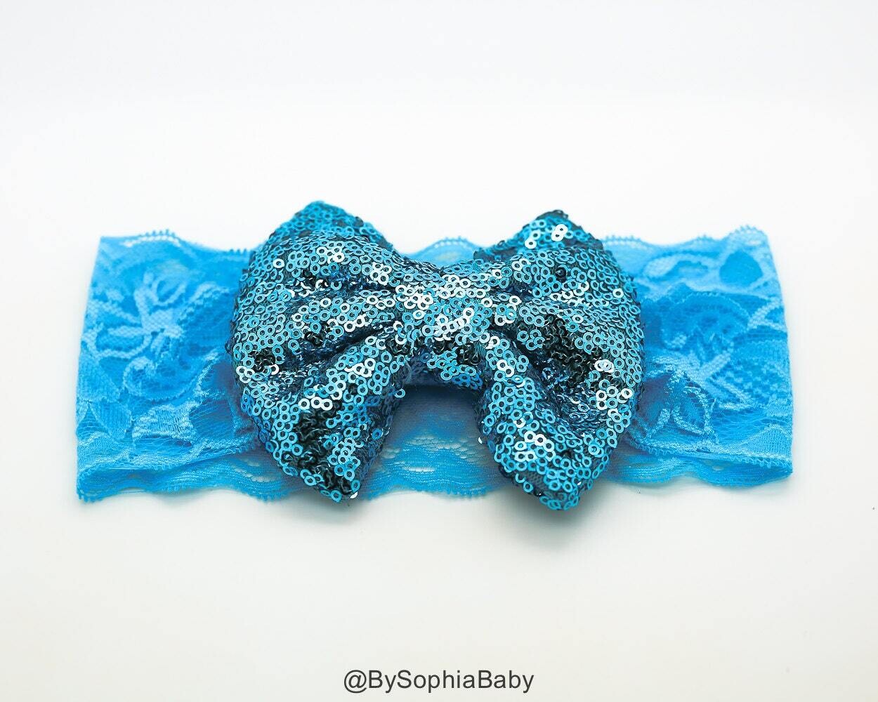 Blue Sequin Bow Headband Blue Lace Headband Newborn Headband Photography Prop Lace Headband Sequin Bow Headband Baby Headband 102