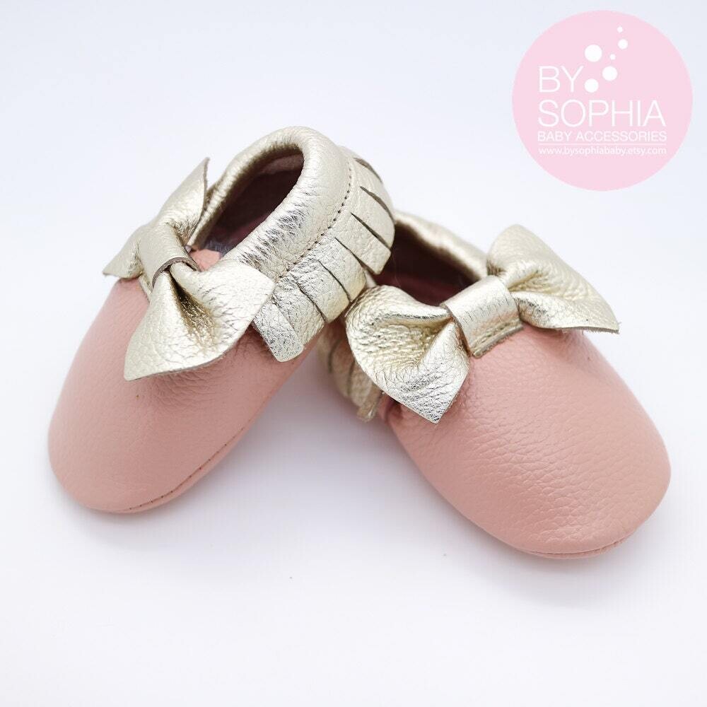 Baby Moccasins Baby Gold and Pink Bow Moccasins Baby Leather Shoes Genuine Leather Moccs Toddler Moccasins Baby Moccs Baby Moccasins