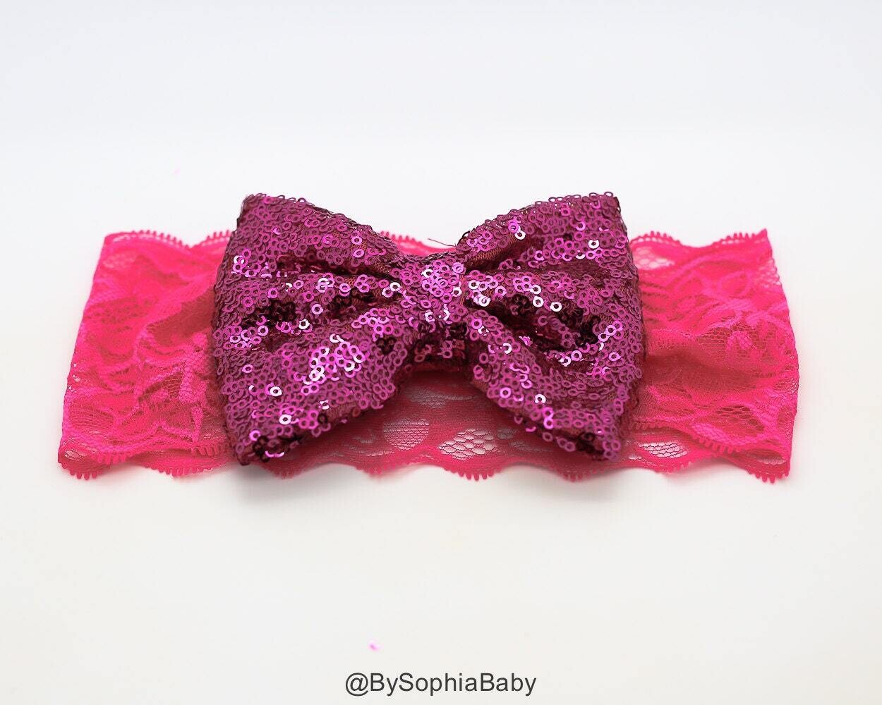 Pink Sequin Bow Headband Pink Lace Headband Newborn Headband Photography Prop Lace Headband Sequin Bow Headband Baby Headband 102