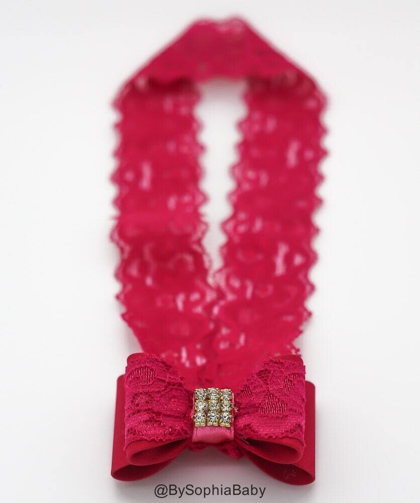 Baby Headband Hot Pink Baby Headband Flower Girl Headband Pink Bow Headband Pink Baby Bow Lace Head band Baby Bow Headband 1428