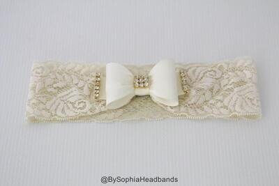 Ivory Bow Lace Headband Ivory Baby Headband Newborn Headband Ivory Bow Headband Photo Prop Baptism Headband Baby Lace Headband 869