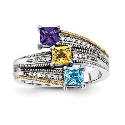 3 Birthstones &amp; 14k Three-stone and Diamond Mother&#39;s Semi-Mount Ring Sterling Silver QMR12/3-10, MP…