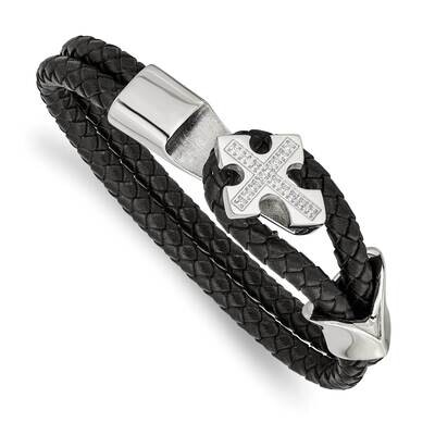CZ Stone Stone Cross Leather Bracelet Stainless Steel Polished SRB1289-8 by Chisel, MPN: SRB1289-8,…