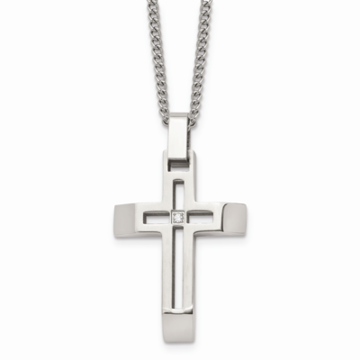 Cross with CZ Stone Stone Necklace Stainless Steel Brushed and Polished SRN1368-22 by Chisel, MPN: …