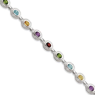 Rainbow Semi Precious Stone Bracelet Sterling Silver QX474RB, MPN: QX474RB, 191101369551