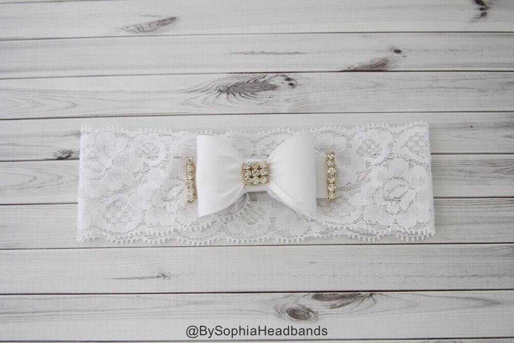 White Bow Headband White Baby Headband First Communion Photography PropWedding Headband Baptism Headband Lace Headband 869