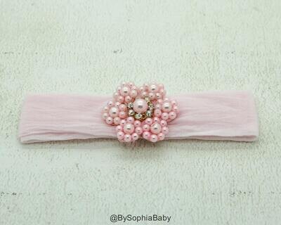 Baby Headband Baby Pink Pearl Flower Headband Baby Light Pink Headband Baby Pearl Headband Flower Girl Headband Baptism Headband 937