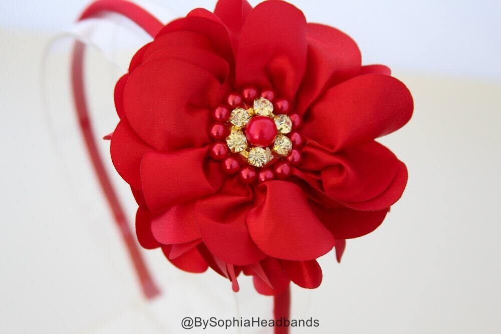 Red Girls Hard Headband Red Flower Headband Girls Headband Photo Prop Big Flower Headband Girl Arch Headband Rhinestones Headband 795