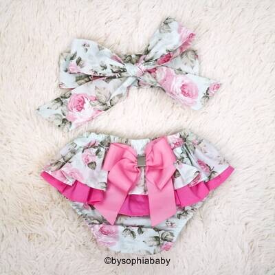 Pink Floral Ruffle Back Bloomers and Headband Baby Flower Headband Floral Baby Bloomers Baby Summer Set Cotton Baby Bloomer set 2626