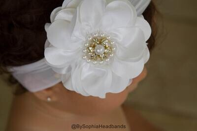 Baby Headband Headwrap Baby White Headband Baby Flower Headband Photography Prop Baby Bows Flower Girl Headband Baptism Headband 827