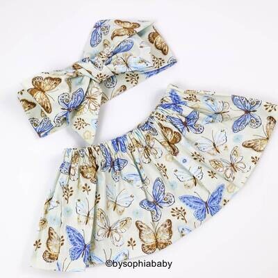 Blue Butterfly Baby Top and Head Wrap set, Baby Summer Set, Baby Sunsuit, Baby Girl Headwrap, Baby Stripe outfit, baby headband, 915