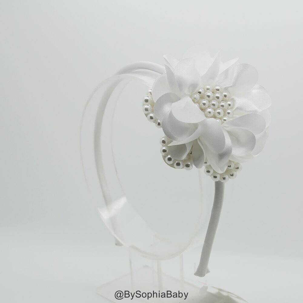 Girls Headband Girls Hard HeadbandWhite Headband Photo Prop Big Flower Headband Flower Girl Headband White Pearls Headband 993