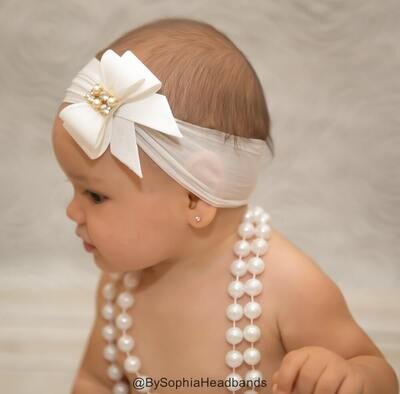 Ivory Bow Headband Baby Bow Headband Nylon Headband Baptism Headband Cream Baby Headband Newborn Headband Christening Headband 798