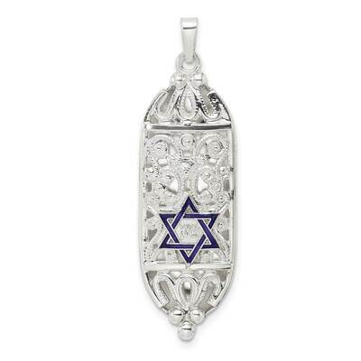 Solid Mezuzah with Enameled Star of David Pendant Sterling Silver Polished QC11234, MPN: QC11234,