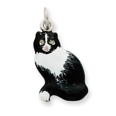 Silver Enamel Black &amp; White Cat Charm Sterling Silver QC6397, MPN: QC6397, 883957397818