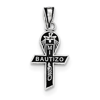 Antiqued Mi Bautizo Ribbon Pendant Sterling Silver QC8433