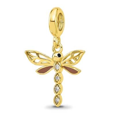 Gold-plated CZ and Enamel Dragonfly Dangle Bead Sterling Silver QRS4465, MPN: QRS4465,