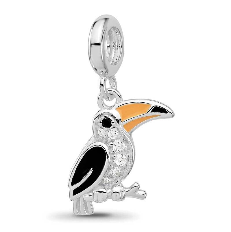 Enamel & CZ Toucan Dangle Bead Sterling Silver Rhodium-plated QRS4457