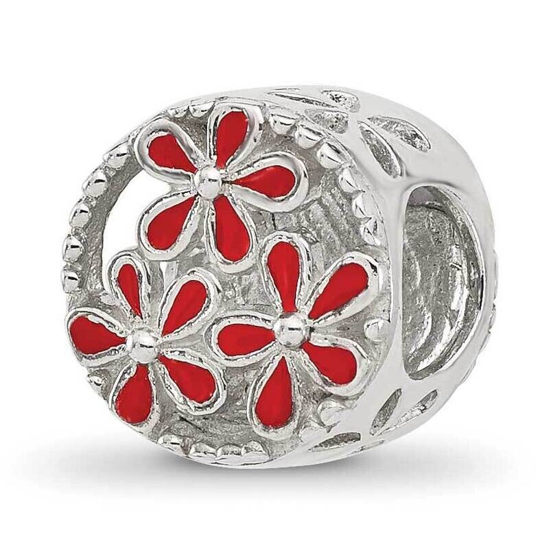 Red Enameled Floral Circle Bead Sterling Silver QRS4423