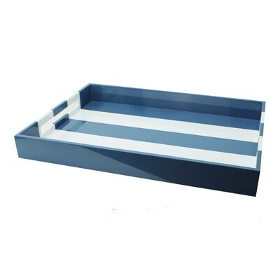 Addison Ross Denim Blue Striped Large Lacquered Ottoman Tray 22 x 16 Inch Lacquer TR3703, MPN: TR37…