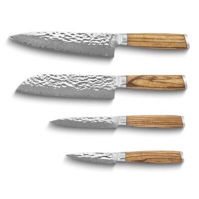 By Jere Luxury Knives Damacus Steel Hammered Finish Zebra Wood Handle 4 Chef Knife Set KNCHEF3, MPN…