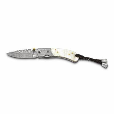 By Jere Folding Blade Mother of Pearl Handle Knife with Leather Sheath and Wooden Gift Box Damascus…