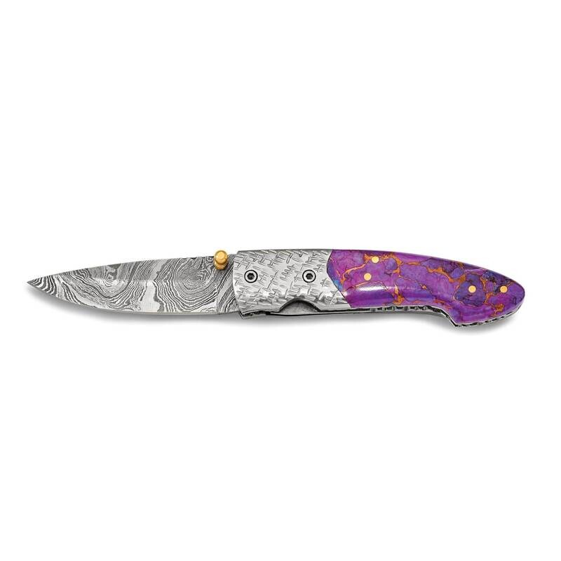 By Jere Purple Stone Handle Folding Blade Knife with Leather Sheath and Wooden Gift Box Damascus Steel 256 Layer KN3243
