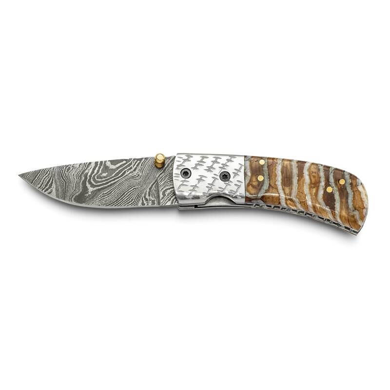 By Jere Limited Edition Woolly Mammoth Tooth/Steel Handle Folding Knife with Leather Sheath and Wooden Gift Box Damascus Steel 256 Layer KN3265