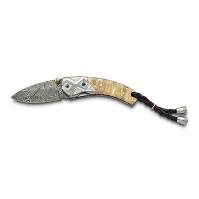 By Jere Limited Edition Damascus 256 Layer Woolly Mammoth Tooth/Steel Handle Folding Knife with Lea…