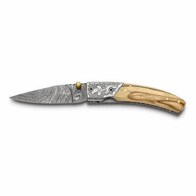 By Jere Folding Blade Olive Wood Handle Knife with Leather Sheath and Wooden Gift Box Damascus Stee…