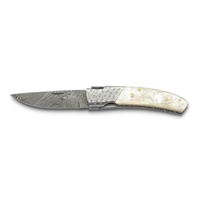 By Jere Mother of Pearl Handlel with Steel Guard Folding Knife with Leather Sheath and Wooden Gift Box Damascus Steel 256 Layer KN3262