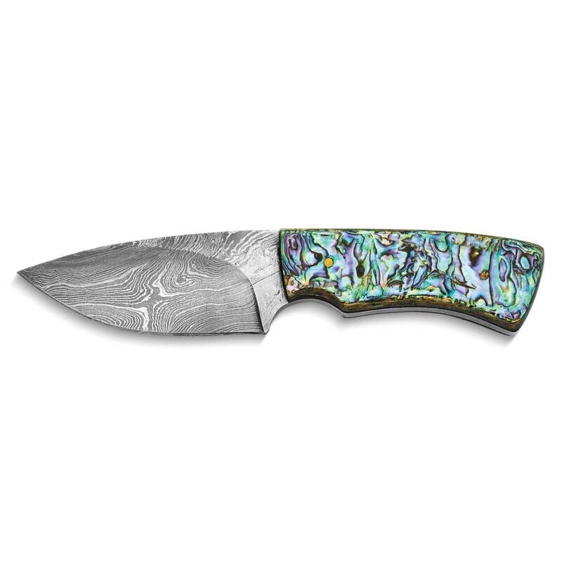 By Jere Fixed Blade Abalone Shell Handle Knife with Leather Sheath and Gift Box Damascus Steel 256 Layer KN3269