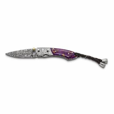 By Jere Folding Blade Turquoise/Bronze/Purple Resin Handle Knife with Leather Sheath and Wooden Gif…