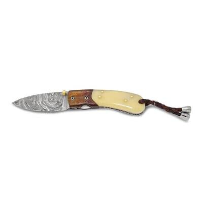 By Jere Camel Bone Handle Folding Blade Knife with Leather Sheath and Wooden Gift Box Damascus Stee…