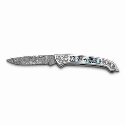 By Jere Folding Blade Abalone Inlay Handle Knife with Leather Sheath and Wooden Gift Box Damascus S…