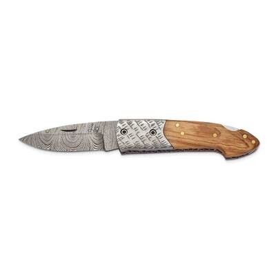 By Jere Olive Wood Handle Folding Blade Knife with Leather Sheath and Wooden Gift Box Damascus Stee…